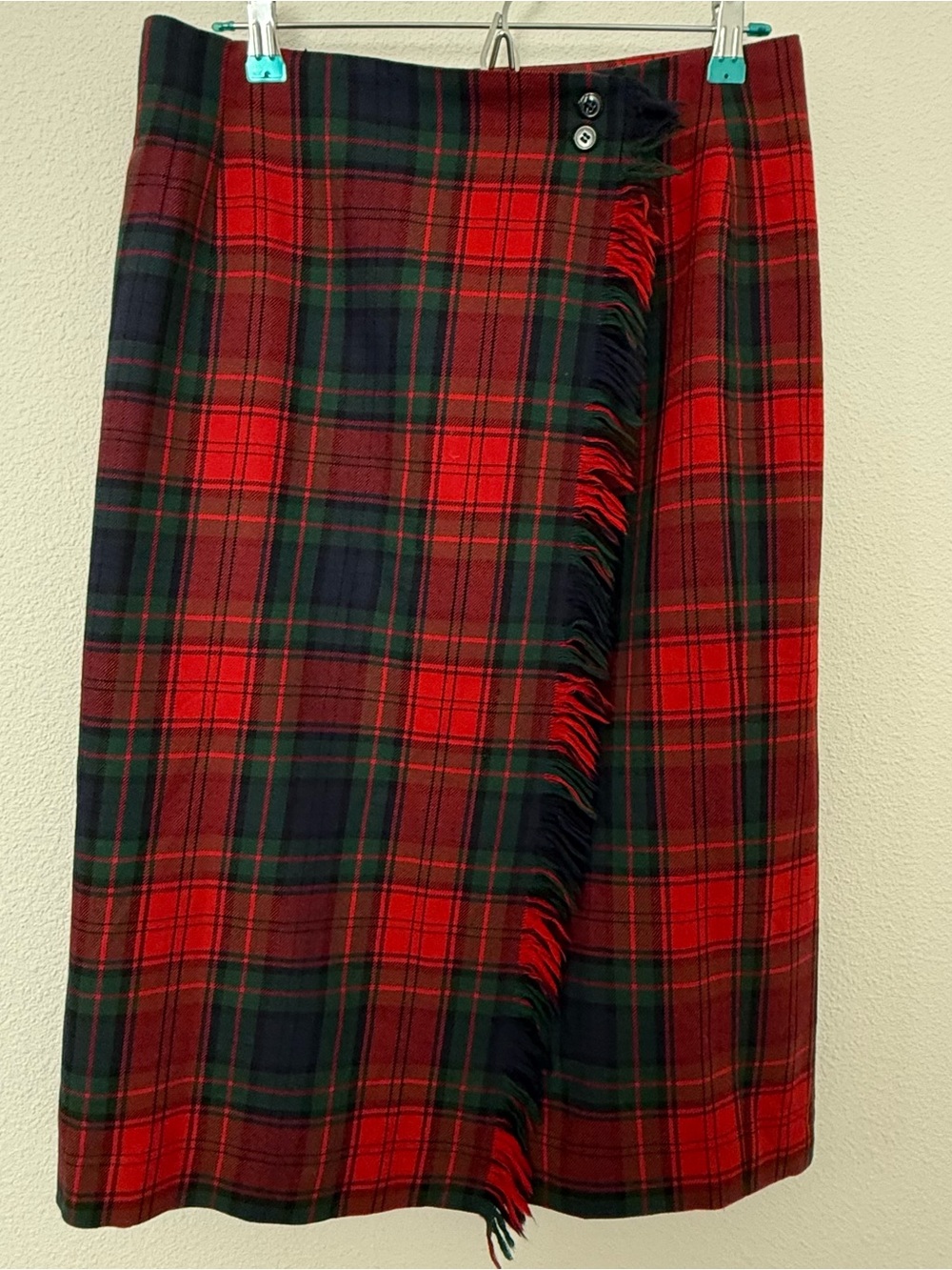 Vintage Rafaella 100% Worsted Wool Tartan Plaid Wrap Midi Skirt Fringe 14 Fall